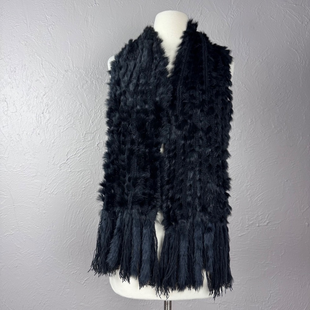 Vintage Angora Leather blend black scarf with fringe Corporate Goth Glam Goth - Picture 3 of 3